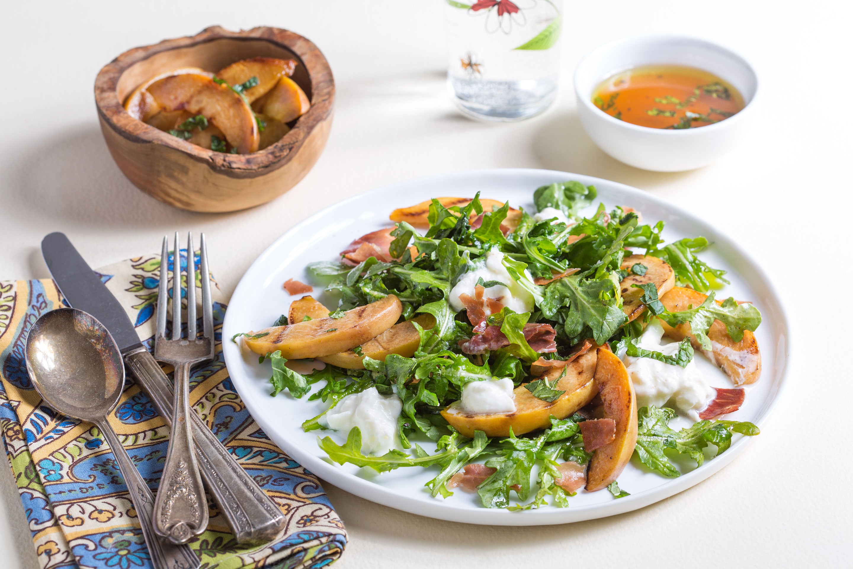 Grilled Peach, Prosciutto, and Burrata Salad with Peach-Basil Vinaigre &ndash; Seven Barrels