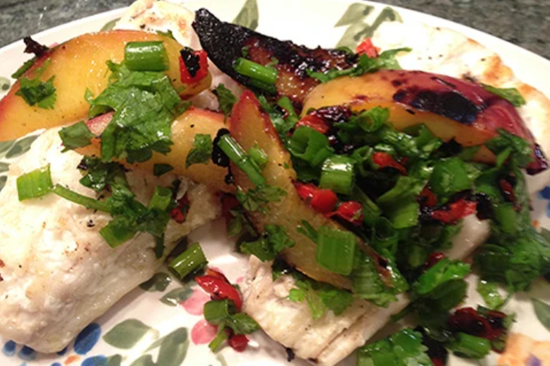 Grilled Halibut with Grilled Peaches, Chopped Scallions & Cilantro