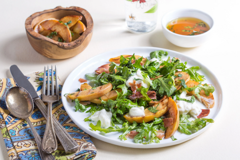 Grilled Peach, Prosciutto, and Burrata Salad with Peach-Basil Vinaigrette