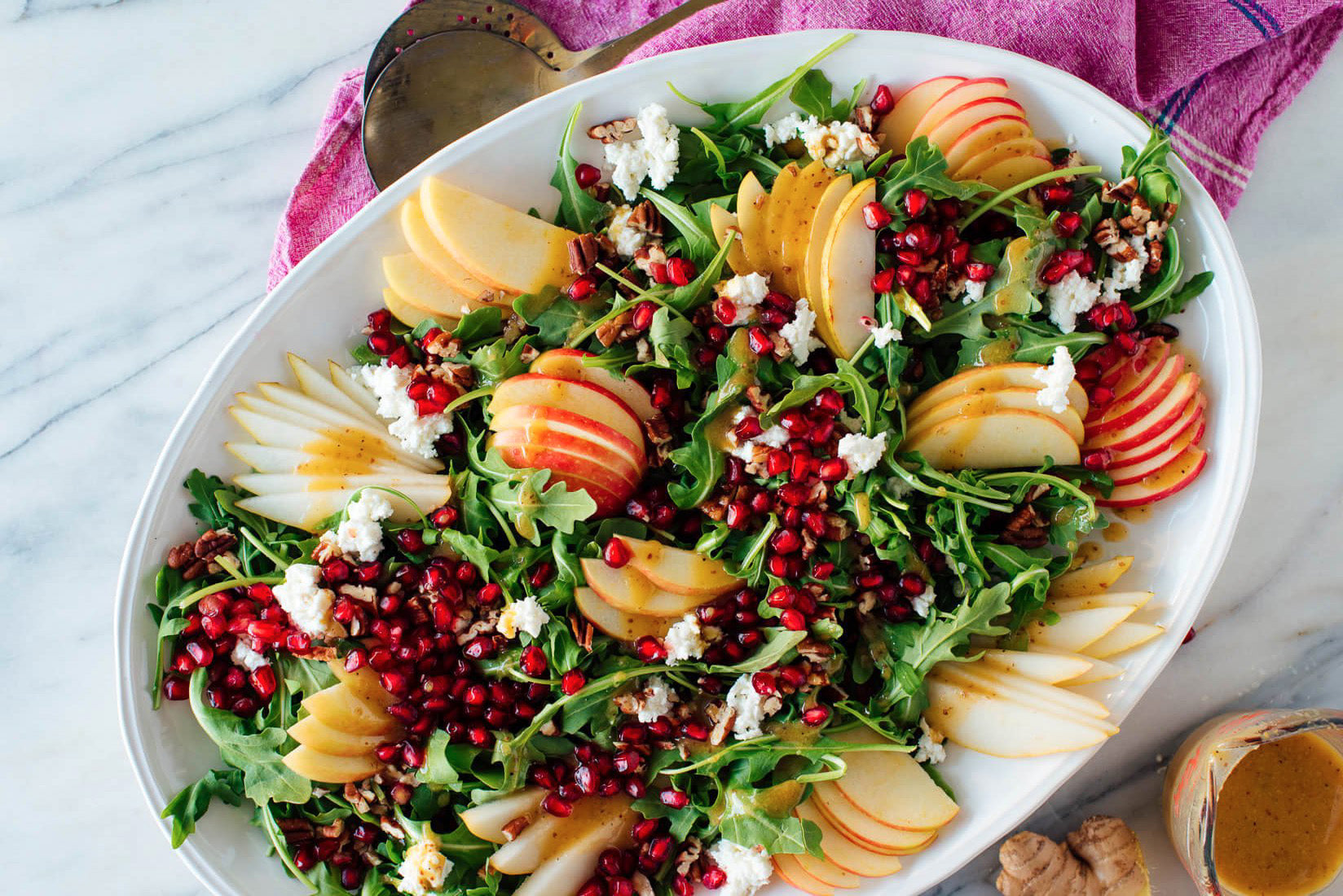 pomegranate & pear green salad with ginger dressing Pomegranate & Pear Green Salad with Ginger Dressing
