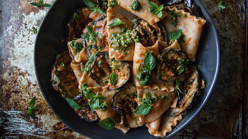 Pasta with Grilled Eggplant, with Smoky Tomato Sauce and Basil Walnut Pistou