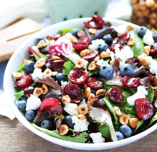 Lavender Balsamic Grilled Cherry, Blueberry, Goat Cheese, and Candied Hazelnut Salad