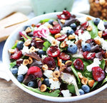 Lavender Balsamic Grilled Cherry, Blueberry, Goat Cheese, and Candied Hazelnut Salad