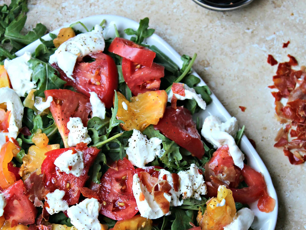 Caprese Salad with Crispy Prosciutto and Pomegranate Balsamic Vinegar