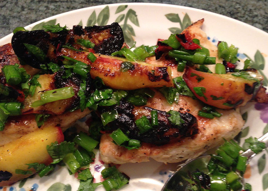Grilled Boneless Chicken Breasts with Grilled Peaches