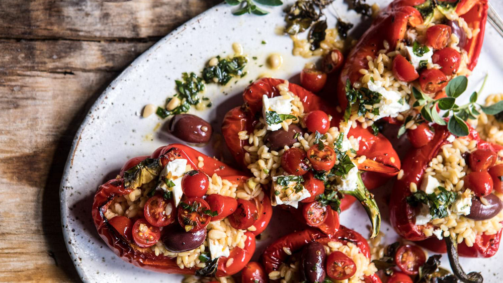 Greek Orzo Stuffed Red Peppers with Basil Tomatoes