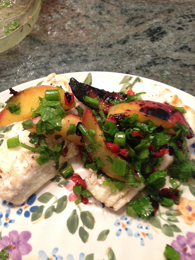 Grilled Halibut with Grilled Peaches, Chopped Scallions & Cilantro