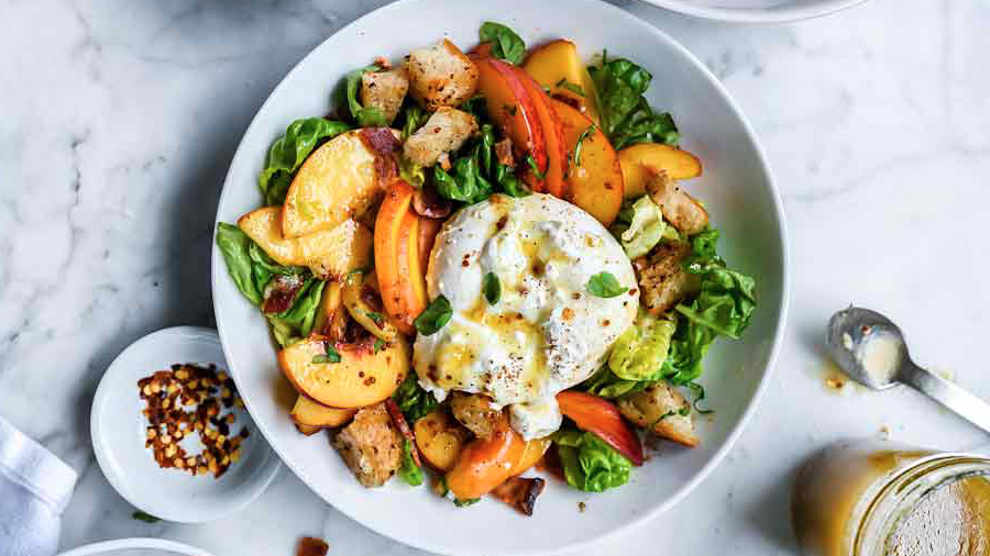 Peach Panzanella Salad with Burrata and Bacon