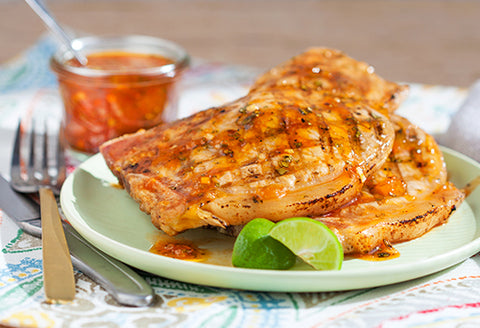 Grilled Pork Chops w/ Pink Grapefruit-Shallot Glaze