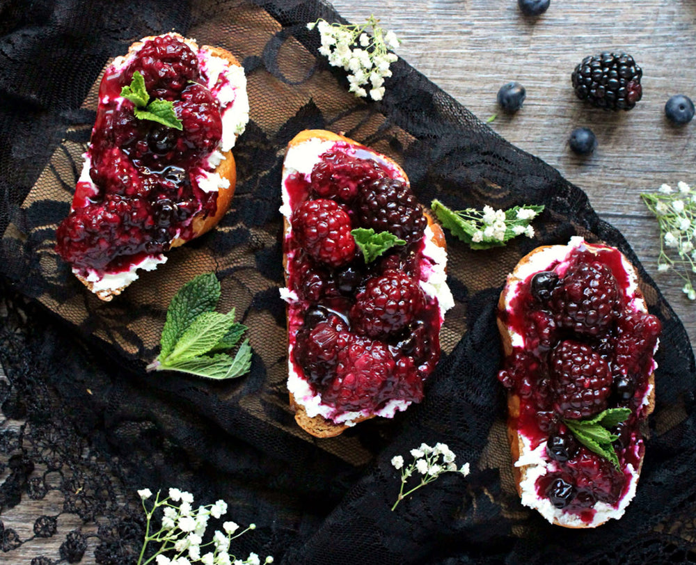 Blackberry & Goat Cheese Toast with Black Currant Balsamic Vinegar