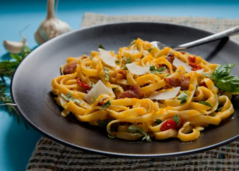 Fettuccini with Butternut Squash Sauce & Pancetta with Tuscan Herb Oil