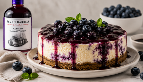 Creamy Blueberry Balsamic Cheesecake topped with fresh blueberries and a rich blueberry balsamic compote, featuring Seven Barrels Blueberry Balsamic Vinegar.