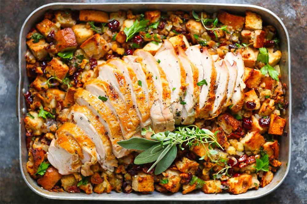 Sheet Pan Herb Roasted Turkey and Cranberry stuffing with Garlic and Meyer Lemon EVOO