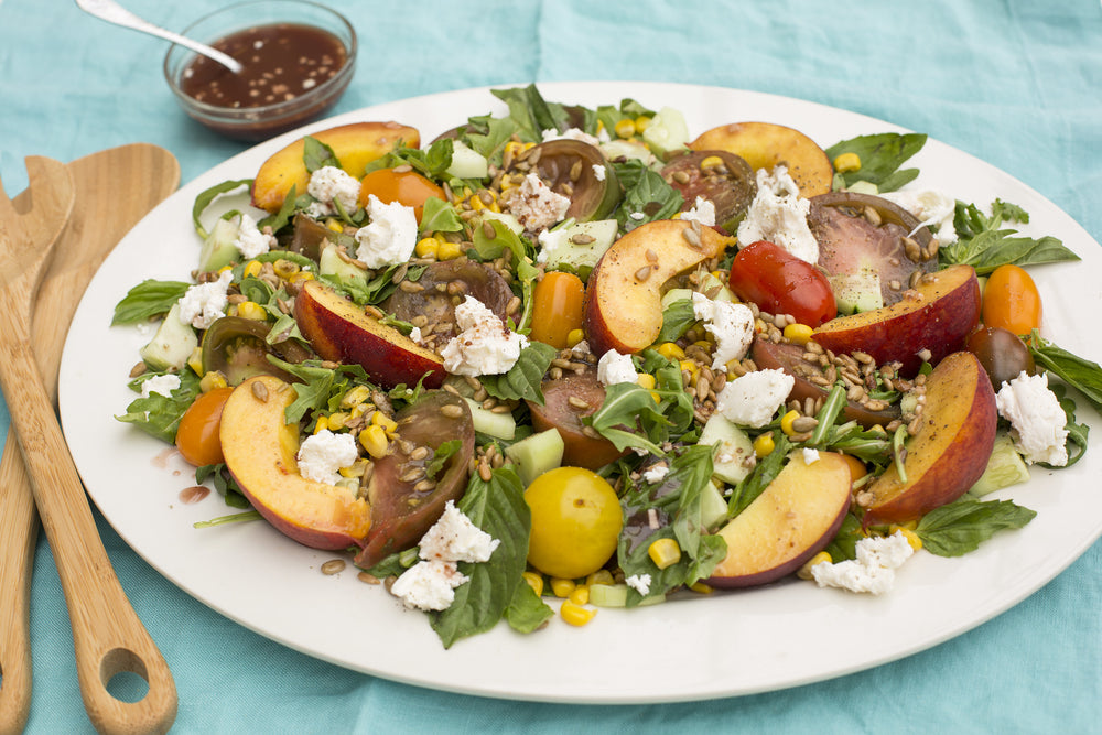 Summer Tomato and Peach Salad with Elderberry Lime Vinaigrette