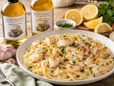 Creamy Meyer lemon garlic crab pasta with Seven Barrels flavored olive oils