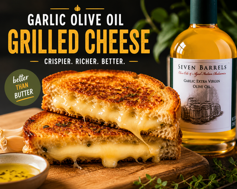 Grilled cheese sandwich made with garlic olive oil showing melted cheese and crispy golden bread