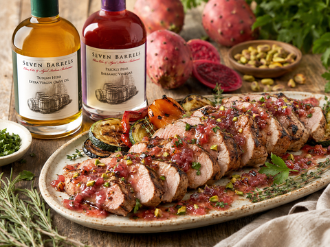 Grilled Tuscan pork tenderloin with prickly pear agrodolce and Seven Barrels olive oil and balsamic