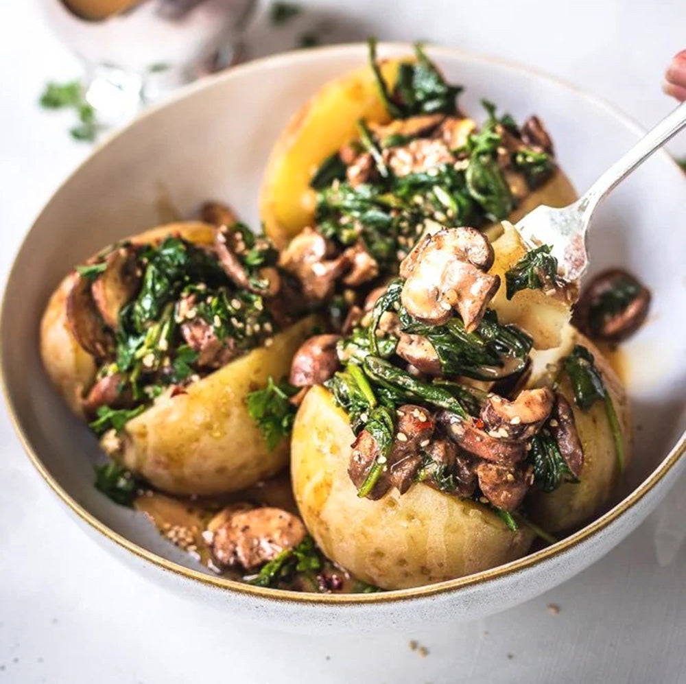 Stuffed Baked Potatoes with spinach and mushrooms