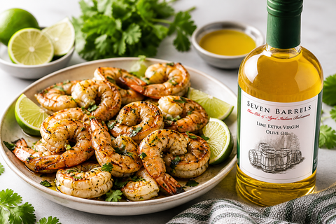 Grilled shrimp with lime olive oil and fresh cilantro served with Seven Barrels lime olive oil