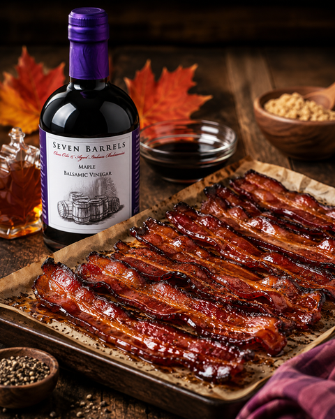 Caramelized Maple Balsamic Candied Bacon made with Seven Barrels Maple Balsamic Vinegar.