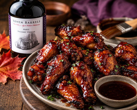 Maple Balsamic Sticky Wings glazed with Seven Barrels Maple Balsamic Vinegar and served with dipping sauce.