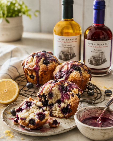 Meyer Lemon Blueberry Muffins with Seven Barrels Blueberry Balsamic glaze and Meyer Lemon Olive Oil