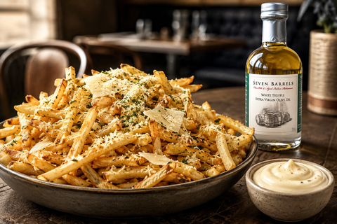 Parmesan truffle fries with garlic aioli and Seven Barrels White Truffle EVOO