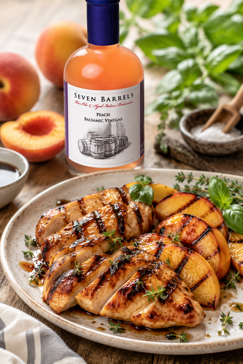 Peach balsamic glazed grilled chicken served with caramelized peaches, fresh herbs, and Seven Barrels Peach Balsamic Vinegar.
