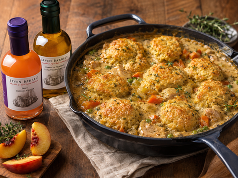 Peach and Herbes de Provence chicken biscuit skillet with Seven Barrels balsamic vinegar and olive oil