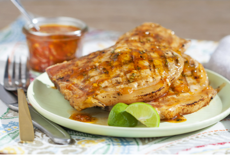 Grilled Pork Chops with Pink Grapefruit-Shallot Glaze