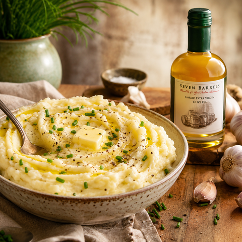 Creamy mashed potatoes topped with butter, chives, black pepper, and a drizzle of Seven Barrels Garlic Extra Virgin Olive Oil