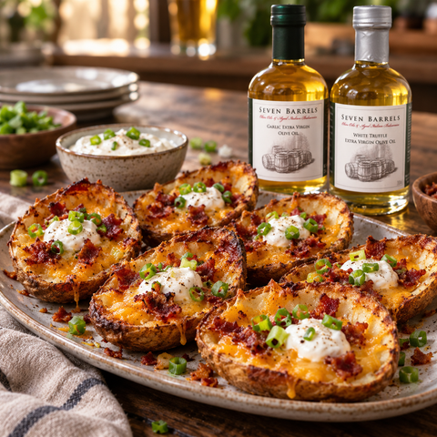 Loaded potato skins with bacon, cheddar, sour cream, green onions, and Seven Barrels Garlic and White Truffle olive oils