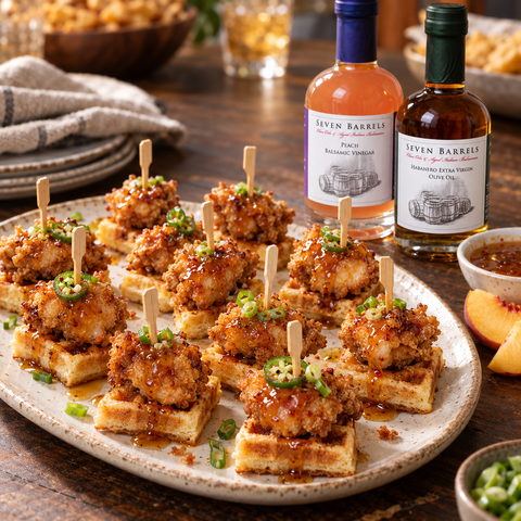Hot peach chicken and waffle bites made with Seven Barrels Peach Balsamic and Habanero Extra Virgin Olive Oil