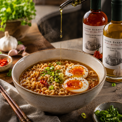Instant ramen upgraded with Seven Barrels Garlic and Habanero Extra Virgin Olive Oil, soft-boiled eggs, scallions, and chili.
