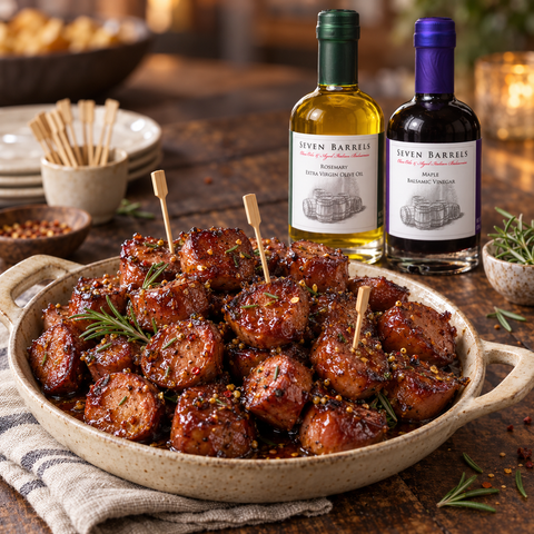 Maple rosemary glazed sausage bites with Seven Barrels Maple Balsamic and Rosemary Extra Virgin Olive Oil