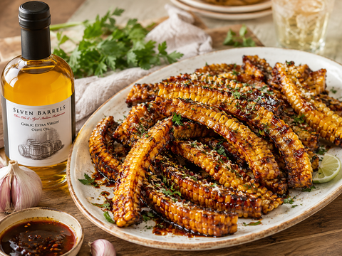 Sticky garlic balsamic corn ribs served with Seven Barrels Garlic Extra Virgin Olive Oil.