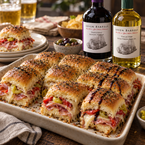 Italian sub sliders with ham, salami, provolone, peppers, Seven Barrels Traditionale Balsamic, and Tuscan Herb EVOO