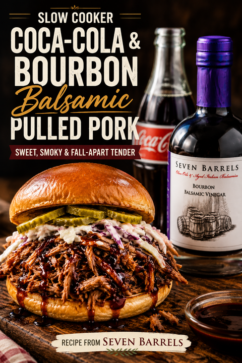 Slow cooker Coca-Cola and bourbon balsamic pulled pork sandwich topped with creamy coleslaw and pickles beside Seven Barrels Bourbon Balsamic Vinegar.