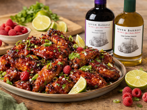 Sticky raspberry lime chicken wings with Seven Barrels Raspberry Balsamic and Lime Olive Oil