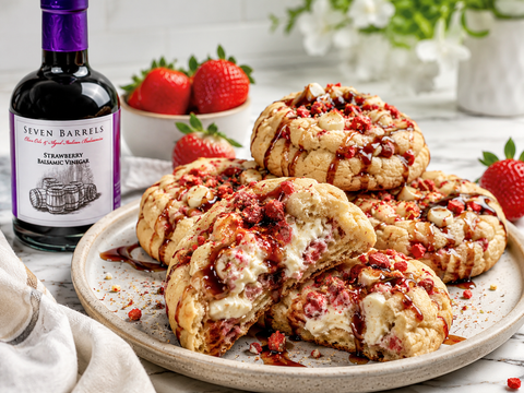 Oversized strawberry balsamic cheesecake cookies with white chocolate, creamy cheesecake filling, fresh strawberries, and Seven Barrels Strawberry Balsamic Vinegar
