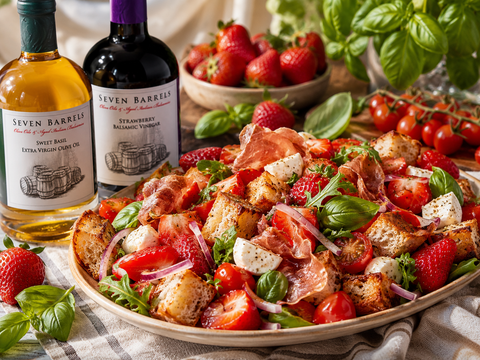 Strawberry basil panzanella with crispy prosciutto, mozzarella, tomatoes, and Seven Barrels bottles