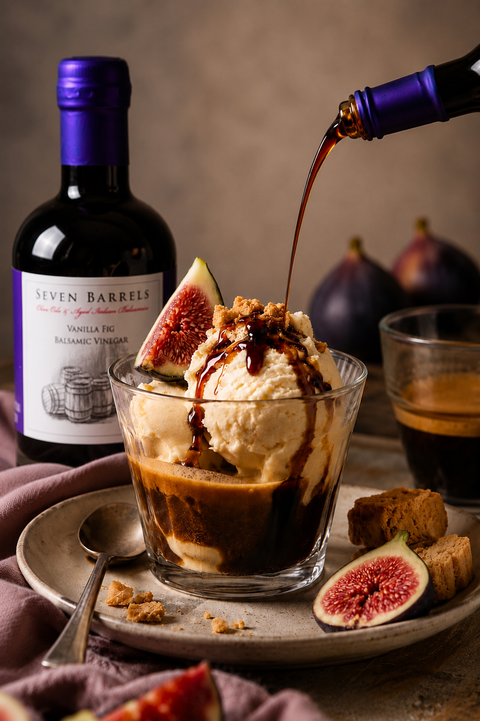 Vanilla Fig Balsamic Affogato made with espresso, vanilla ice cream, fresh figs, and Seven Barrels Vanilla Fig Balsamic Vinegar.