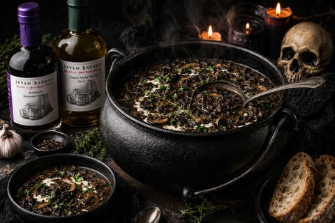 Witch’s Brew mushroom and wild rice soup in a black cauldron with Seven Barrels Garlic Olive Oil and Bourbon Balsamic Vinegar