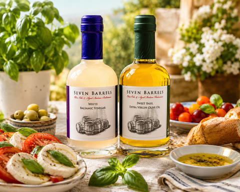 Seven Barrels Summer Garden Pairing featuring White Balsamic Vinegar and Sweet Basil Extra Virgin Olive Oil with caprese salad, fresh basil, tomatoes, olives, and artisan bread.