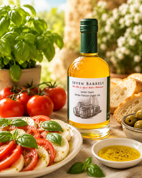 Seven Barrels Sweet Basil Extra Virgin Olive Oil served with fresh caprese salad, basil leaves, tomatoes, mozzarella, olives, and artisan bread.