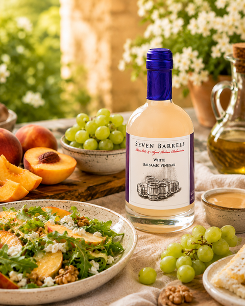 Seven Barrels White Balsamic Vinegar served with fresh peaches, grapes, artisan salad, walnuts, and summer vinaigrette in a Mediterranean-style outdoor setting.