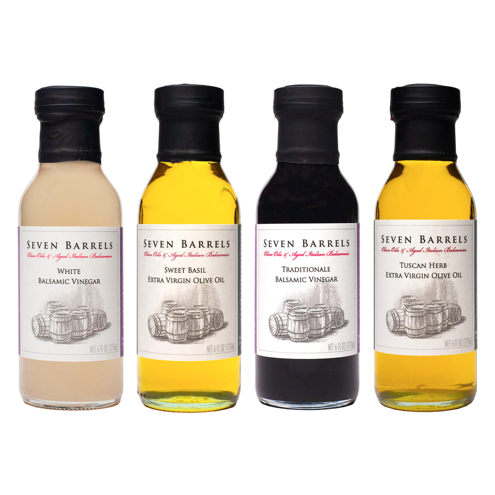 Traditonale Balsamic, Tuscan Herb EVOO, White Balsamic, and Sweet Basil EVOO 4 Pack
